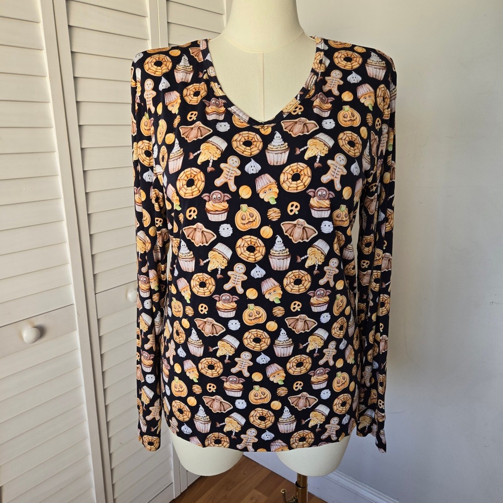 LEV Baby Black Halloween Print Bamboo V Neck Top Sz L Pumpkin Ghost Spooky Cute